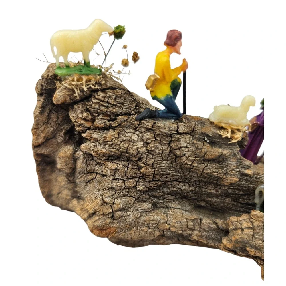 Vintage Nativity Scene Display on‎ Natural Bark Wood Log with Figurines Decor